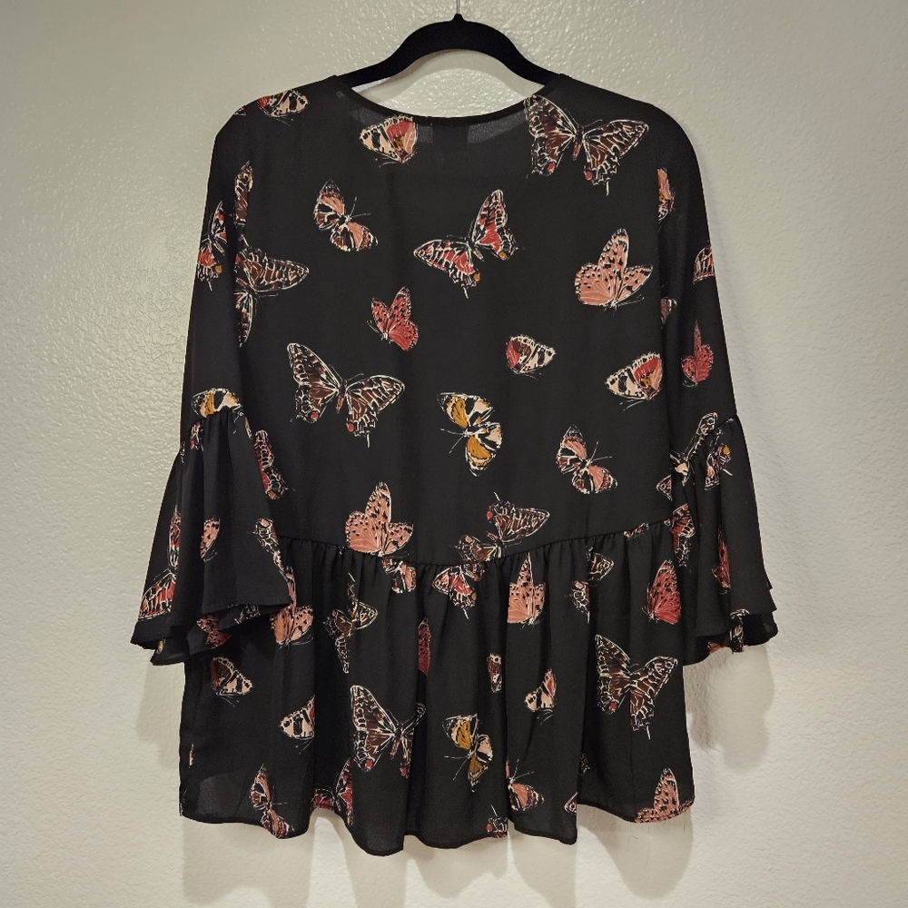 Cupio Butterfly Flutter Ruffle Peplum Top Black and Pinks Size Medium - Picture 4 of 5